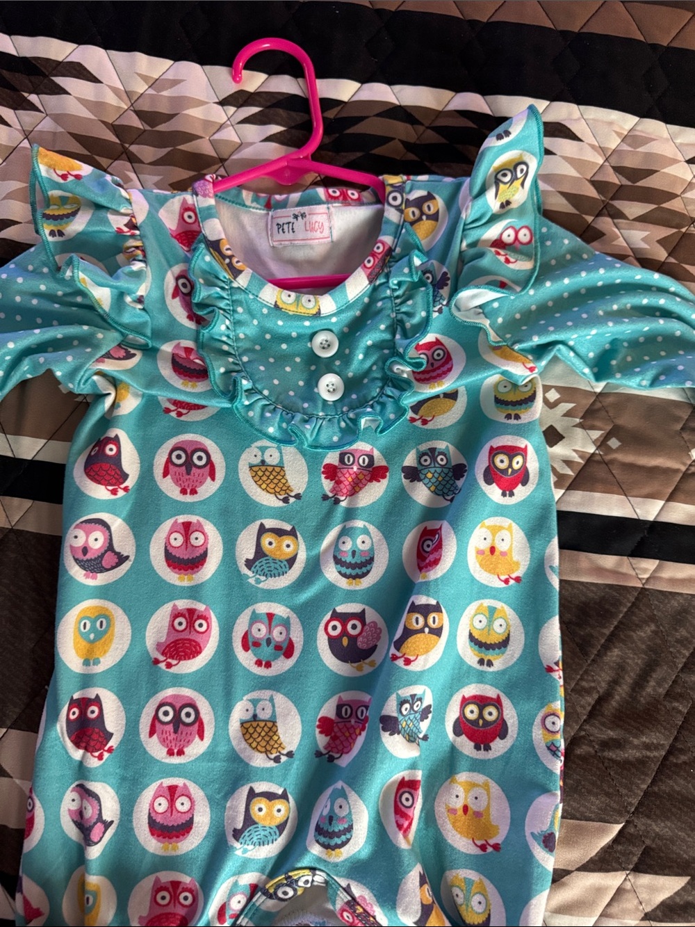 Turquoise Owl Print Ruffle Baby Romper
